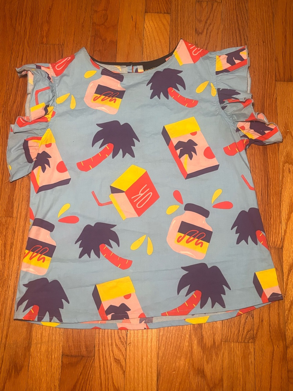 Nooworks Made in USA Large Ruffle Sleeve Tropical Print Cotton Blend Blouse Top